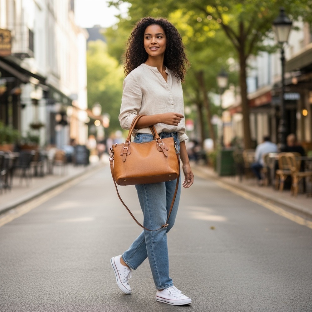 Kattee Tan Leather Satchel for Women (B5)